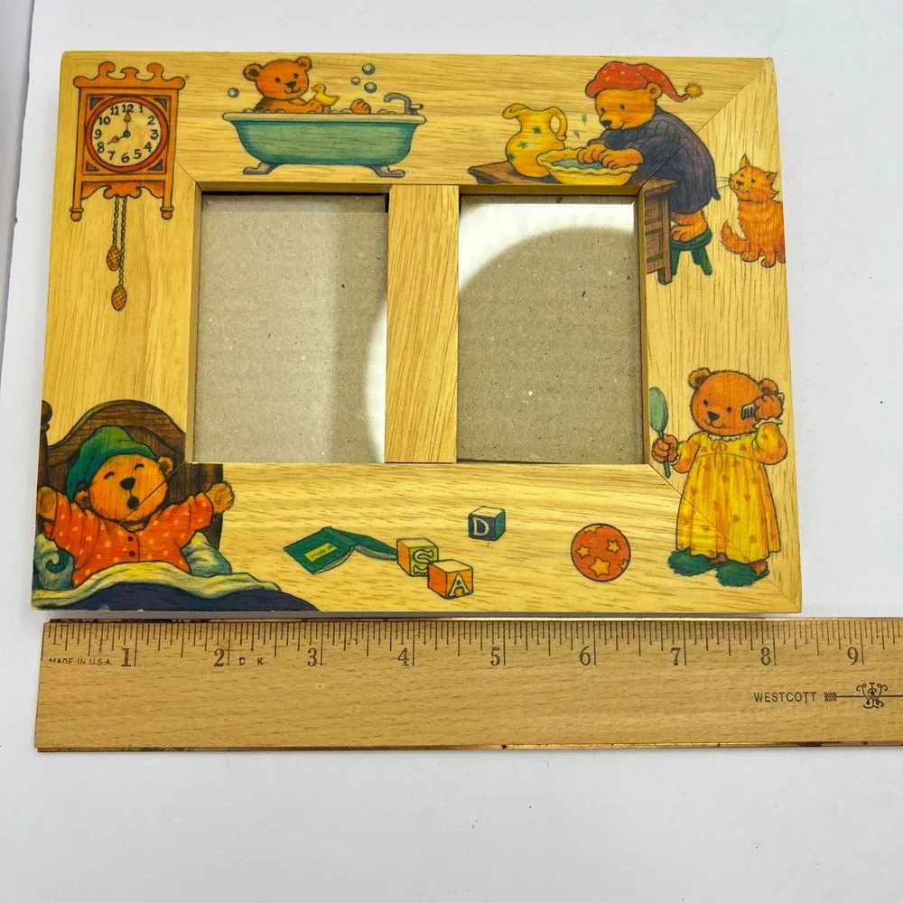 Vintage Cottage Wood Double Picture Frame Bears 2x3
